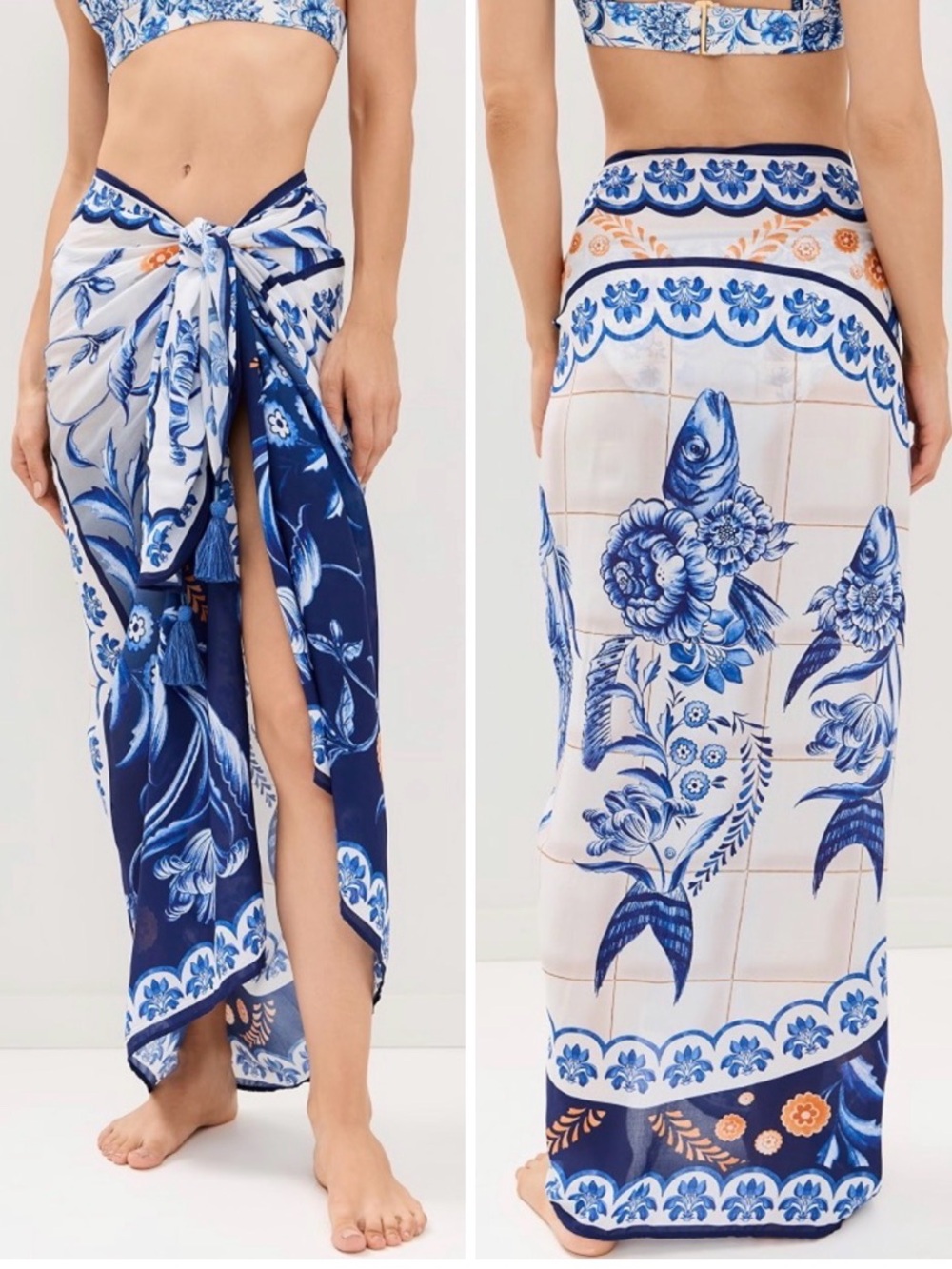 Haute Hippie Blue and White Floral Tile-Print Sarong
